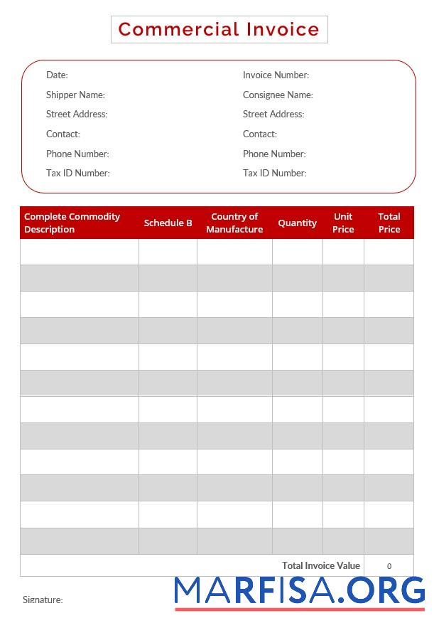 Printable Editable Commercial Invoice Template